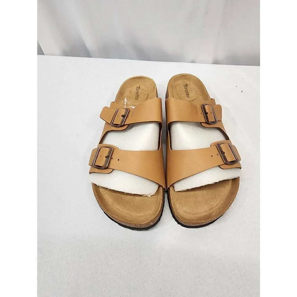 Torotto Mens EU 43 US 9.5-10 Slides Cork Open Toe Adjustable Webbing Flat Sandal